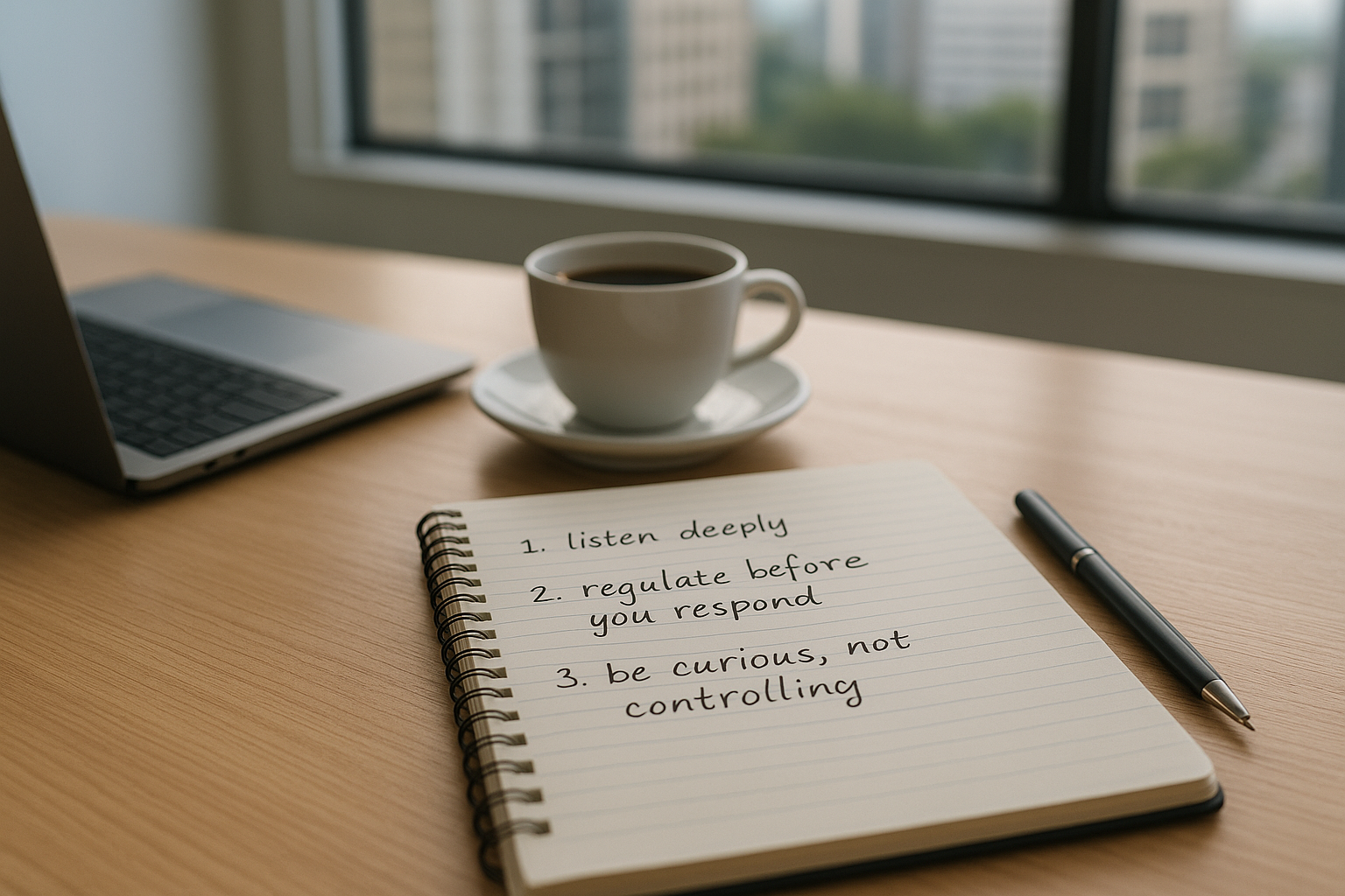 Cup on desk with note pad.